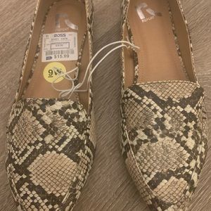 Faux snakeskin flats.